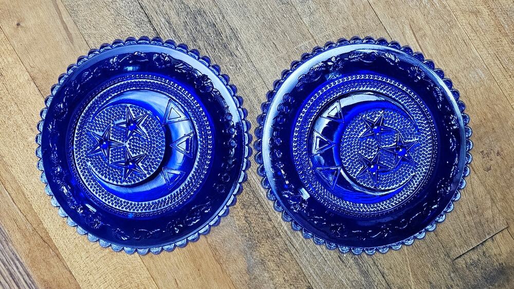 Vintage Pairpoint Cobalt Blue Glass Moon & Stars Cup Plates Set of 2 (1888–1988)